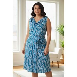 Leota 2X Feather Print Midi Dress Whimsical A Line 2X Office Party Vaca Resort